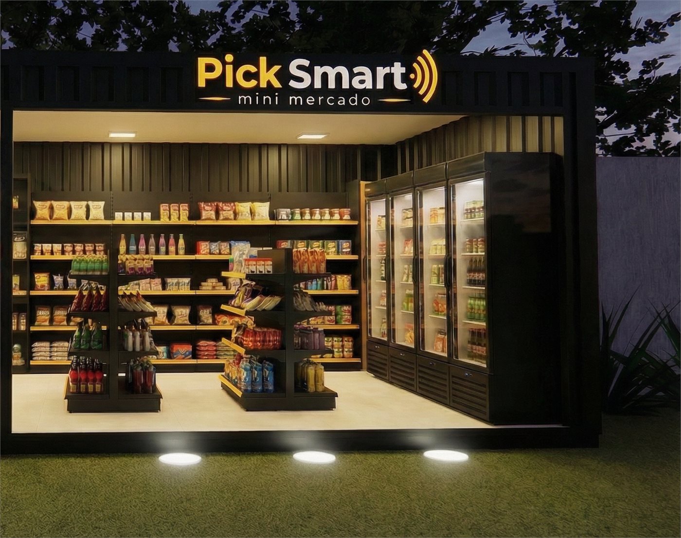 Mini contêiner autônomo PickSmart instalado em área de convivência
