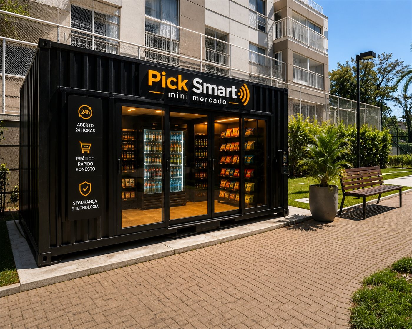 Mini mercado autônomo PickSmart em contêiner instalado na área comum de um condomínio residencial, aberto 24 horas