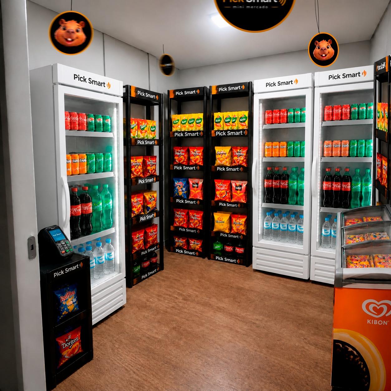 Interior de um mini mercado autônomo PickSmart com geladeiras, snacks e freezer de sorvetes